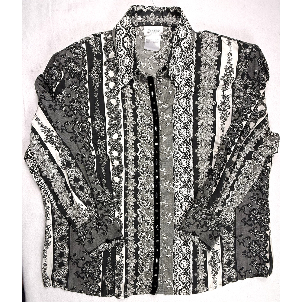 Vintage Horst Basler Black White Shirt size 44 Floral lace velvet detail Romanti